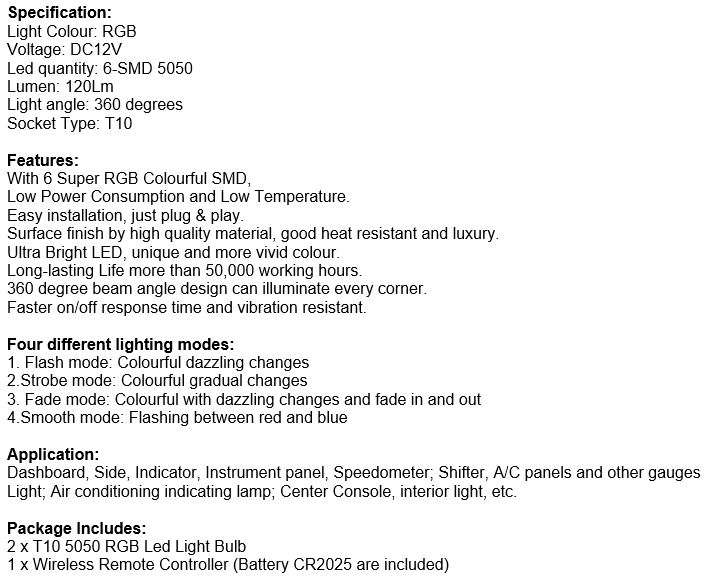 LED Colour Changing T10 Lights with Remote, Easy Installation, just Plug & Play