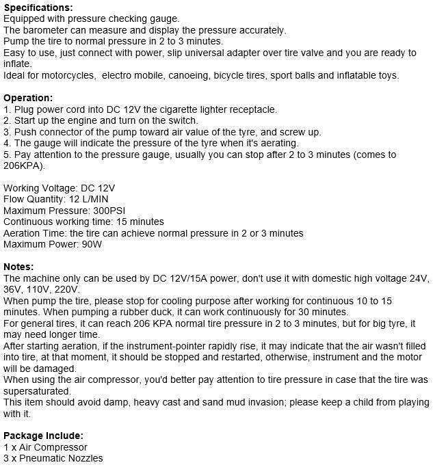 12V DC 300PSI Electric Air Compressor with Pressure Gauge