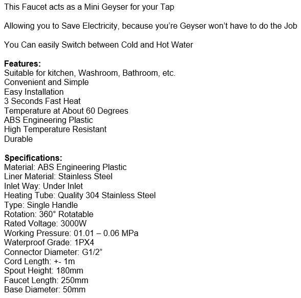 Electric Heating Faucet - Acts as a Mini Geyser for your Tap