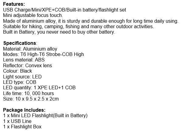 USB Charging Mini LED Flashlight with Build in Battery Box Set