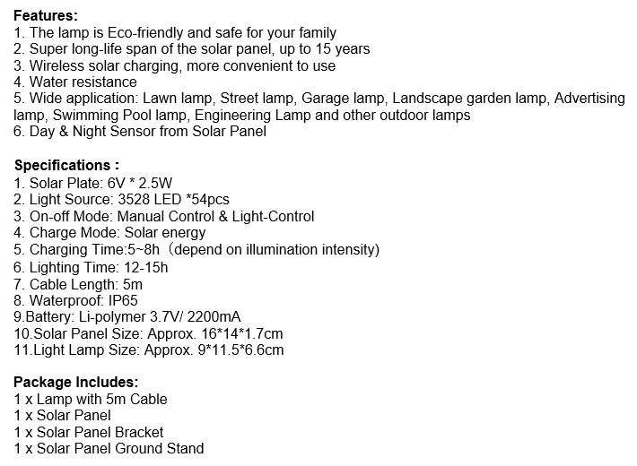 LED SOLAR Flood Light with 5 meter cable, Solar Panel, Bracket & Ground Stand, Day Night Sensor
