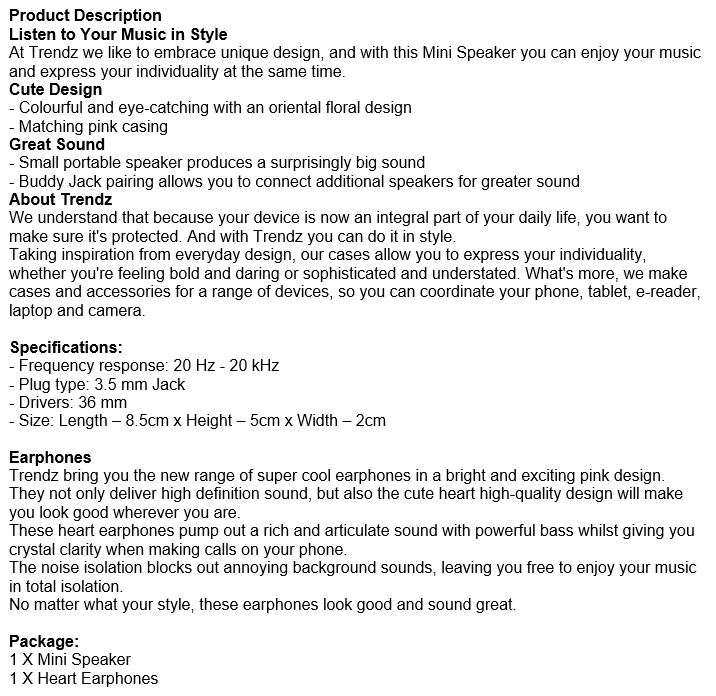 Trendz Portable Mini Speaker with a Surprisingly Big Sound PLUS Cool Pink Heart Shape Earphones