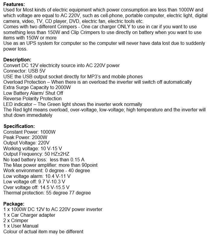 Solar Power Inverter - Convert 12V DC to 220V AC - 1000W Continious Power & 2000W Peak Power)