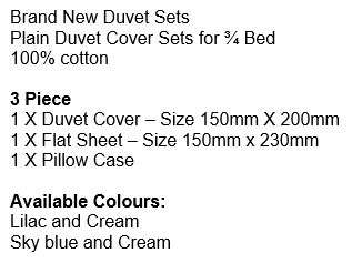Brand New 100% Cotton 3 Piece Duvet Sets for ¾ Bed in Different Plain Colours