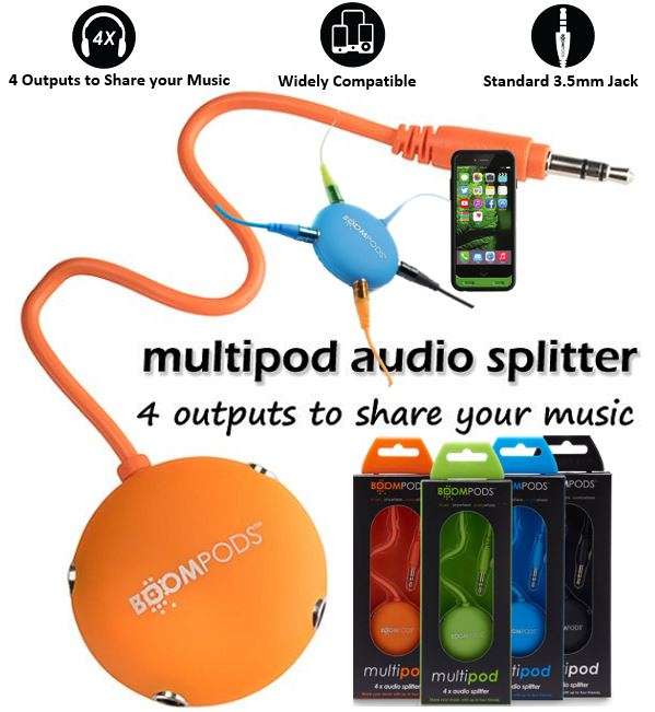 Plug in and share your music and videos with up to 4 friends with this simple audio splitter