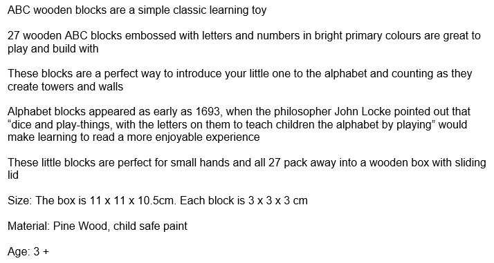 27 Piece ABC Wooden Block Set. The Quick, Easy, Simple and Classic Learning Toy