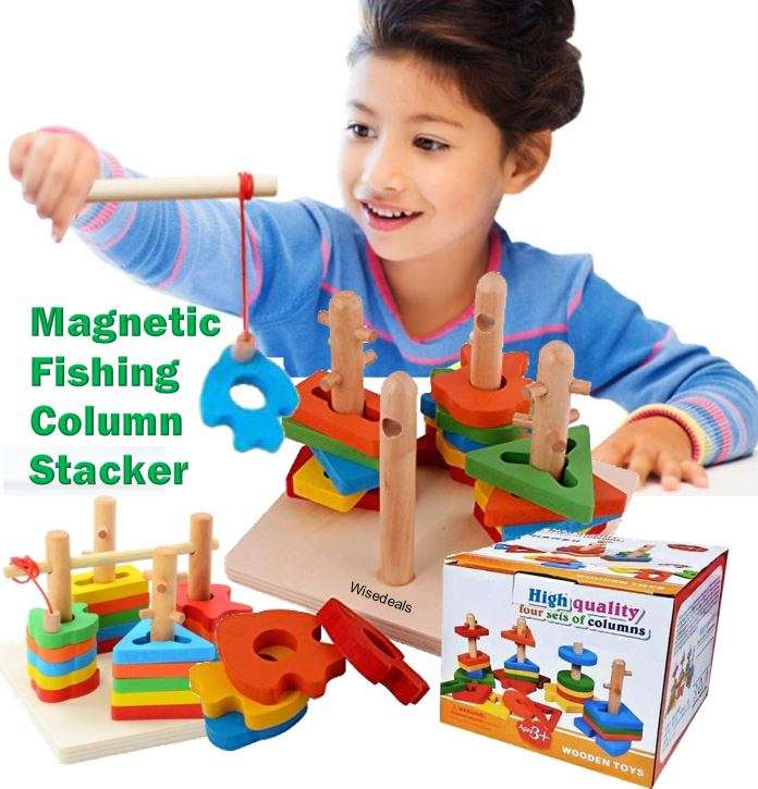 Magnetic wooden shape Column Builder with fishing rod