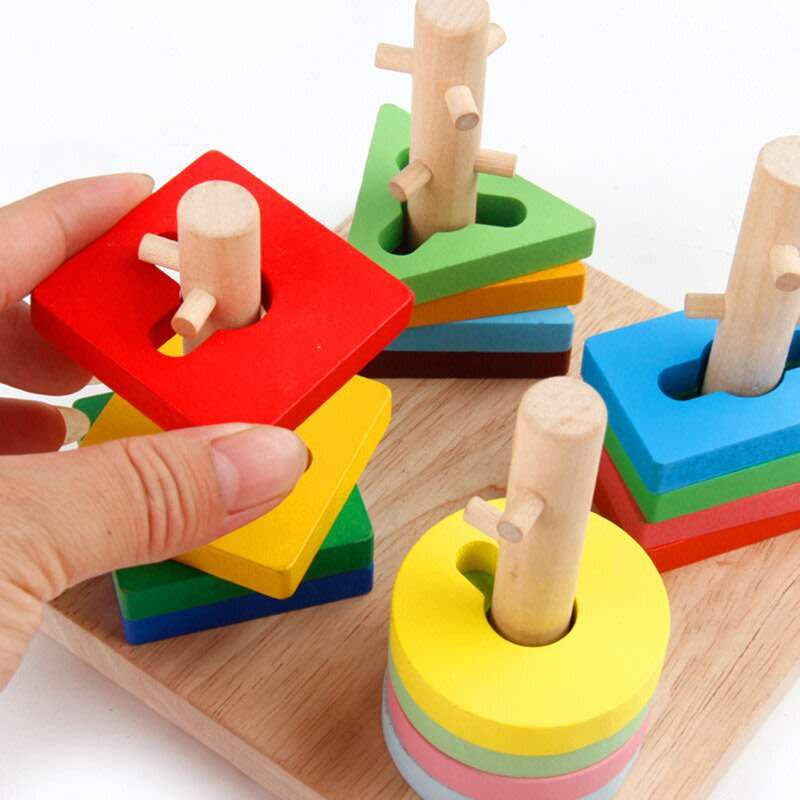 Magnetic wooden shape Column Builder with fishing rod