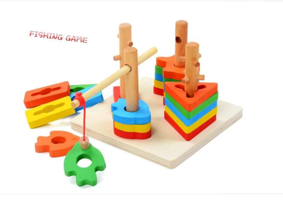 Magnetic wooden shape Column Builder with fishing rod