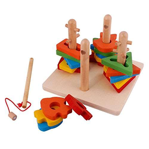 Magnetic wooden shape Column Builder with fishing rod