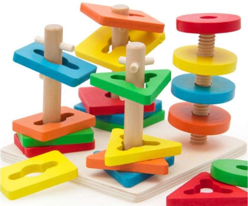 Magnetic wooden shape Column Builder with fishing rod