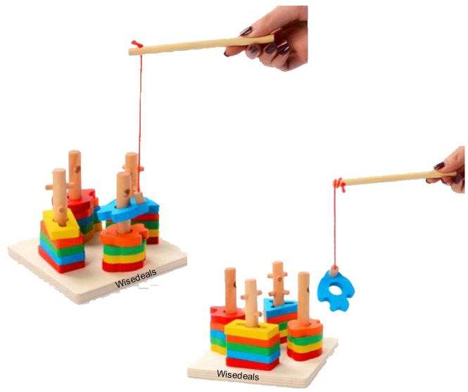 Magnetic wooden shape Column Builder with fishing rod