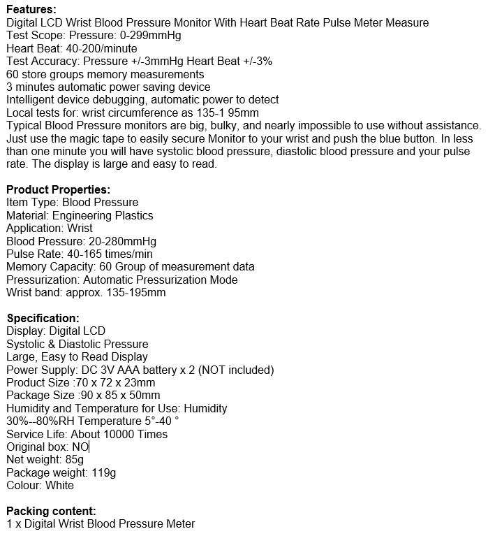 Digital LCD Wrist Blood Pressure Monitor With Heart Beat Rate Pulse Meter Measure