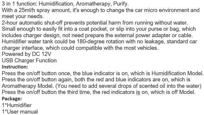 12V Car Steam Humidifier & Purifier & USB Phone Charger