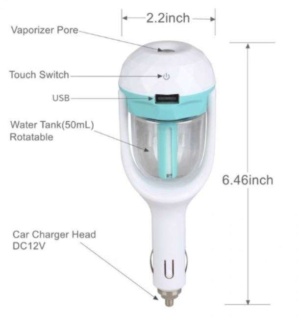 12V Car Steam Humidifier & Purifier & USB Phone Charger