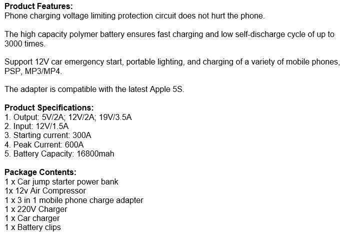 Multi-Function Car Rechargeable 16800mAh Car Jump Starter Kit With Air compressor & Mobile Charger