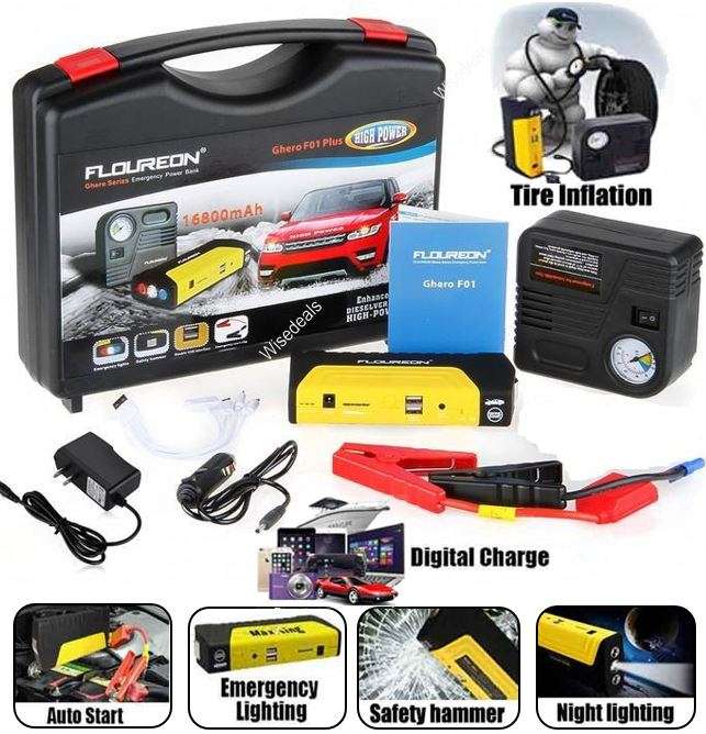 Multi-Function Car Rechargeable 16800mAh Car Jump Starter Kit With Air compressor & Mobile Charger