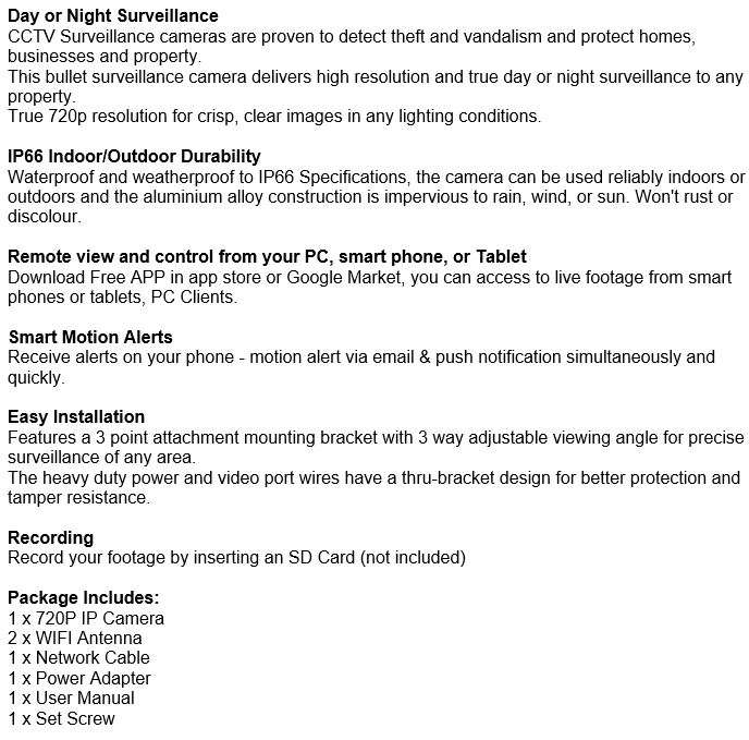 Waterproof Indoor & Outdoor CCTV IP Camera with Motion Detection & Alerts