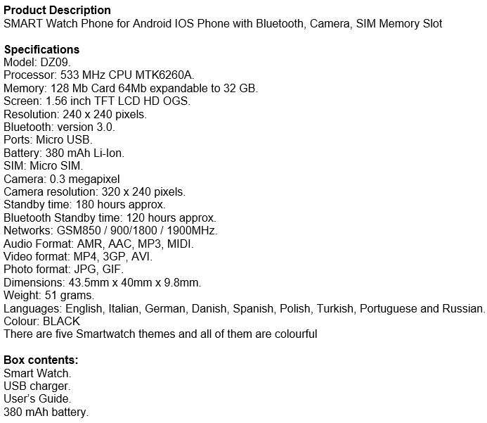 Bluetooth Smart Watch Phone, Support Sim & SD Card, Pedometer, Social Media Messages, Calls, Time