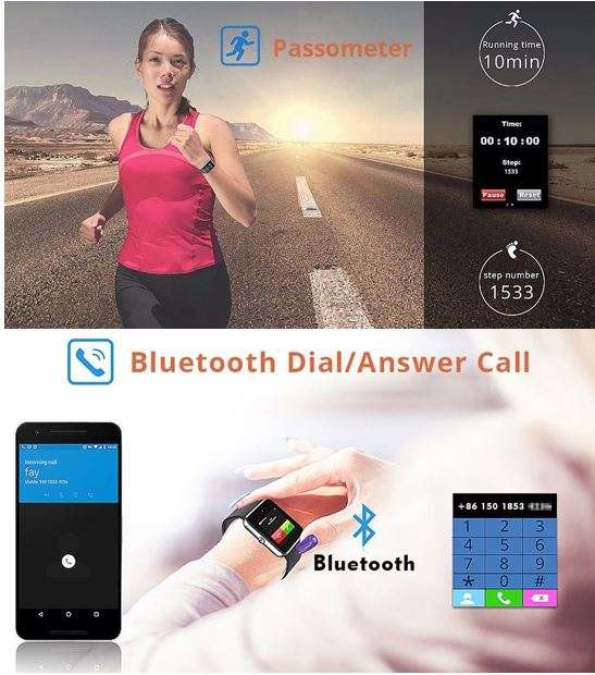Bluetooth Smart Watch Phone, Support Sim & SD Card, Pedometer, Social Media Messages, Calls, Time