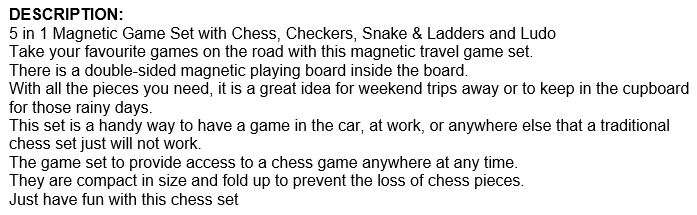 5-in-1 Magnetic Game Set with Chess, Checkers, Snake & Ladders and Ludo