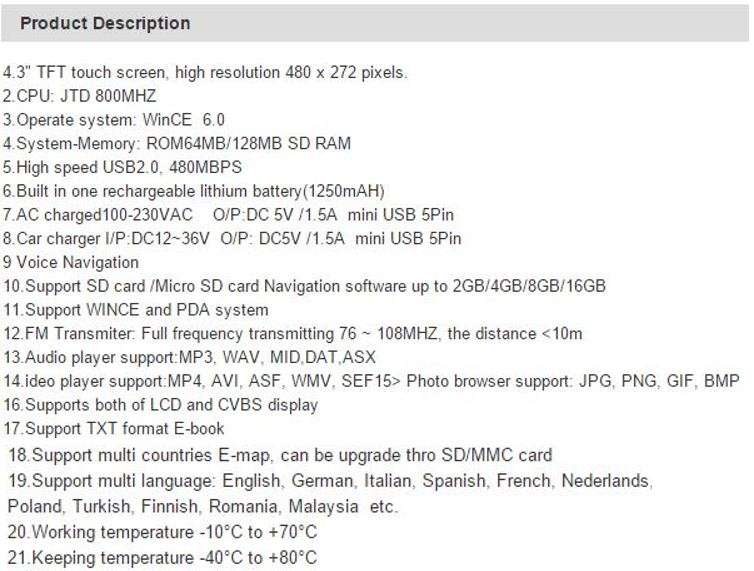 4.3inch TFT Touch Screen GPS Voice Navigation System, Support SD Card, Audio Player and more