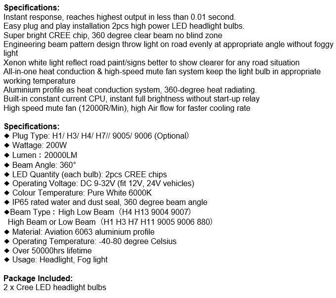 2 Piece LED Headlight Kit  Available in H1, H3, H4, H7 9005, 9006