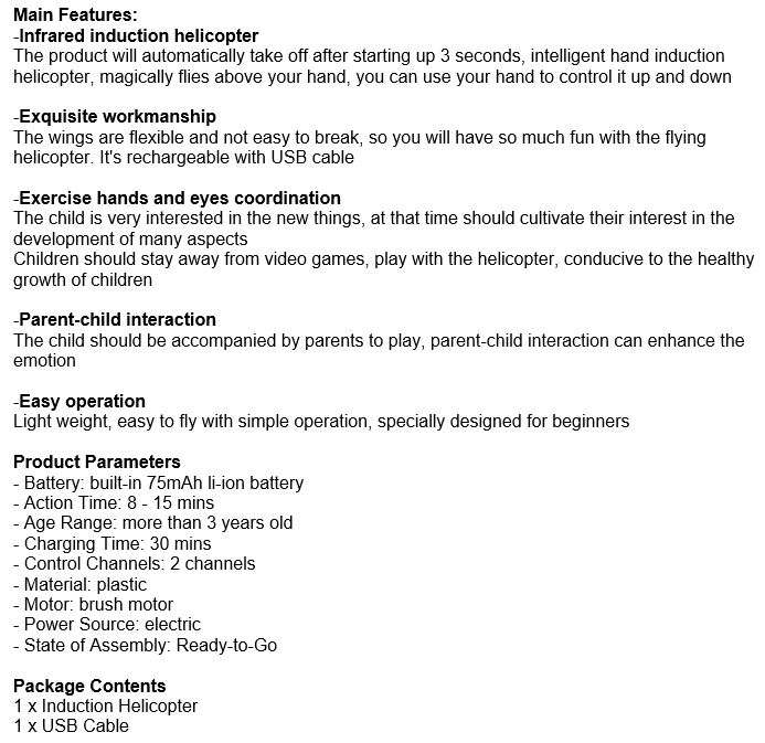 Infrared Intelligent Hand Induction Helicopter, Magically Flies and controlled by your Hand