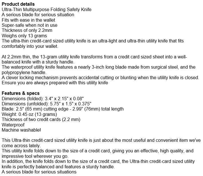 Ultra-Thin Multipurpose Waterproof Folding Safety Knife made from Surgical Steel