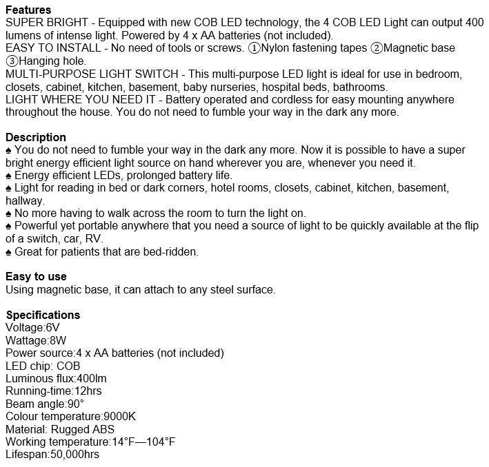 4 COB LED Super Bright Night Light, Easy to Install with Magnetic Base