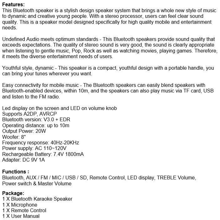 Bluetooth Karaoke Speaker with Microphone & Remote Control