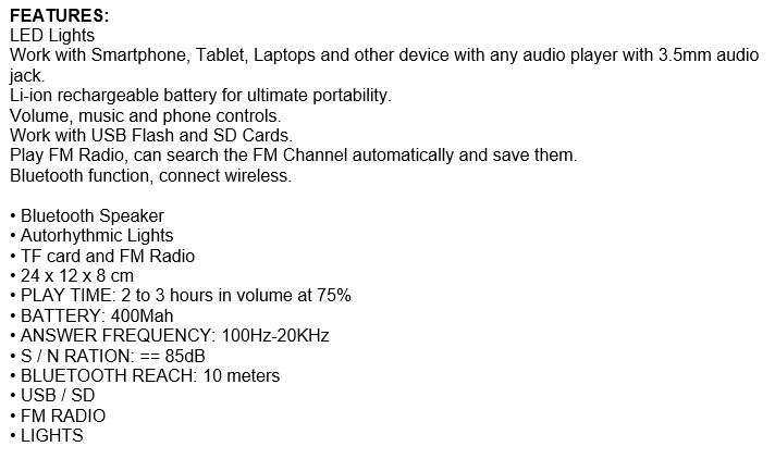Portable Bluetooth Speaker with FM Radio, LED Lights, Support USB, SD Card & AUX