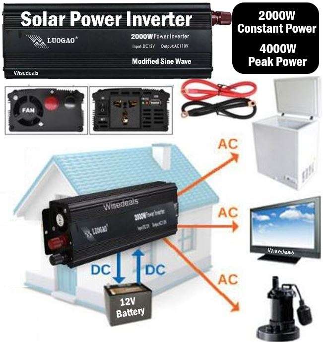 2000W Solar Power Inverter - Convert 12V DC to 220V AC (2000W Continious Power & 4000W Peak Power)