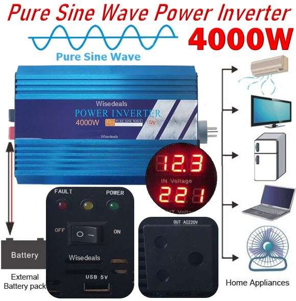 PURE SINE SOLAR Power Inverter 4000W Constant Power & 8000W Peak Power  Convert 12V DC to 220V AC