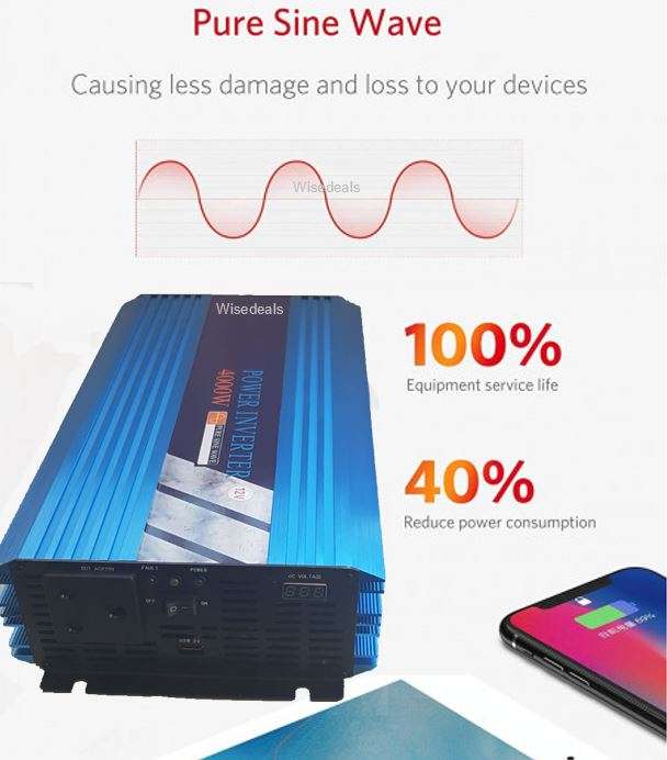 PURE SINE SOLAR Power Inverter 4000W Constant Power & 8000W Peak Power  Convert 12V DC to 220V AC