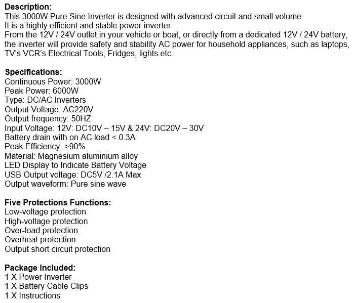 PURE SINE SOLAR Power Inverter 3000W Constant Power & 6000W Peak Power  Convert 12V DC to 220V AC