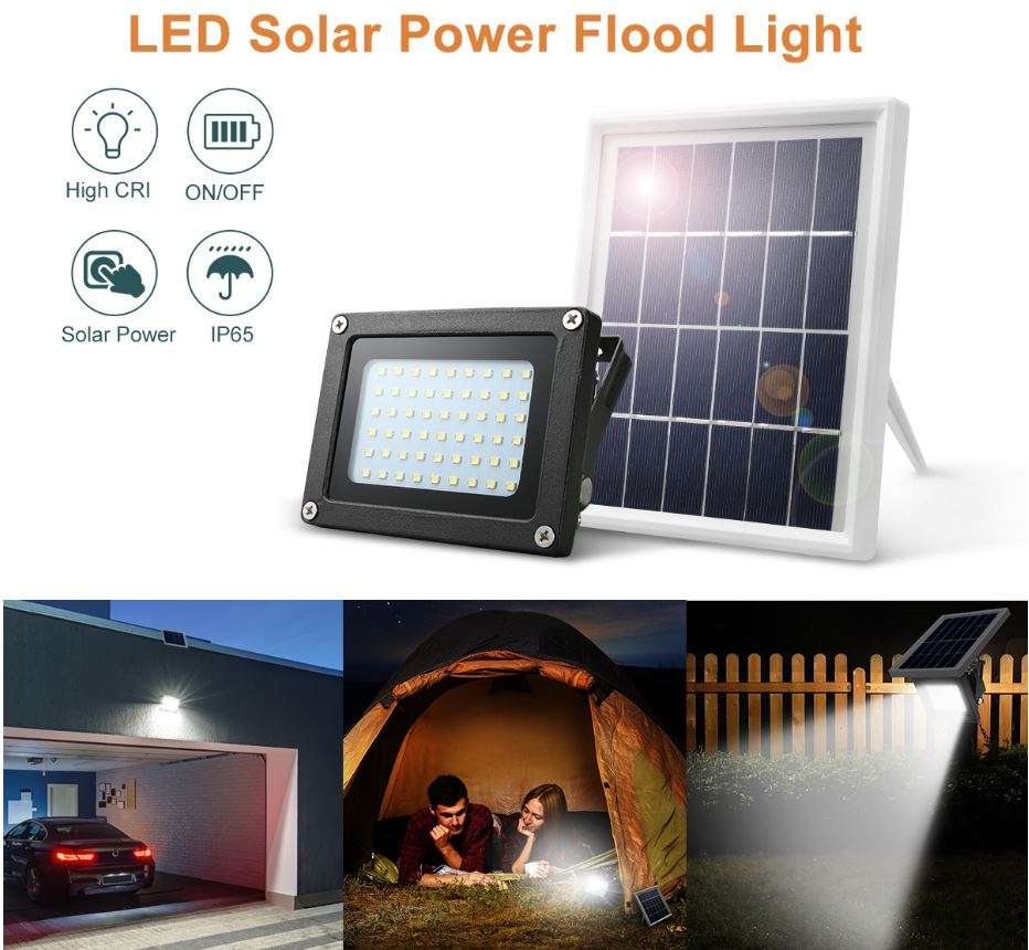 LED Solar Flood Light with 5 meter cable, Solar Panel, Bracket & Ground Stand, Day Night Sensor