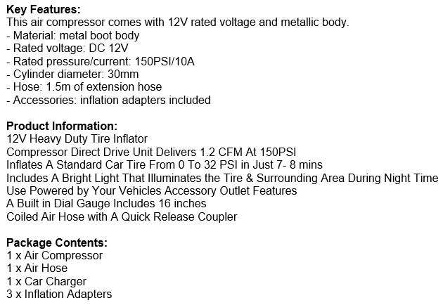 12V Heavy Duty 150 PSI Air Compressor with super bright Flashlight