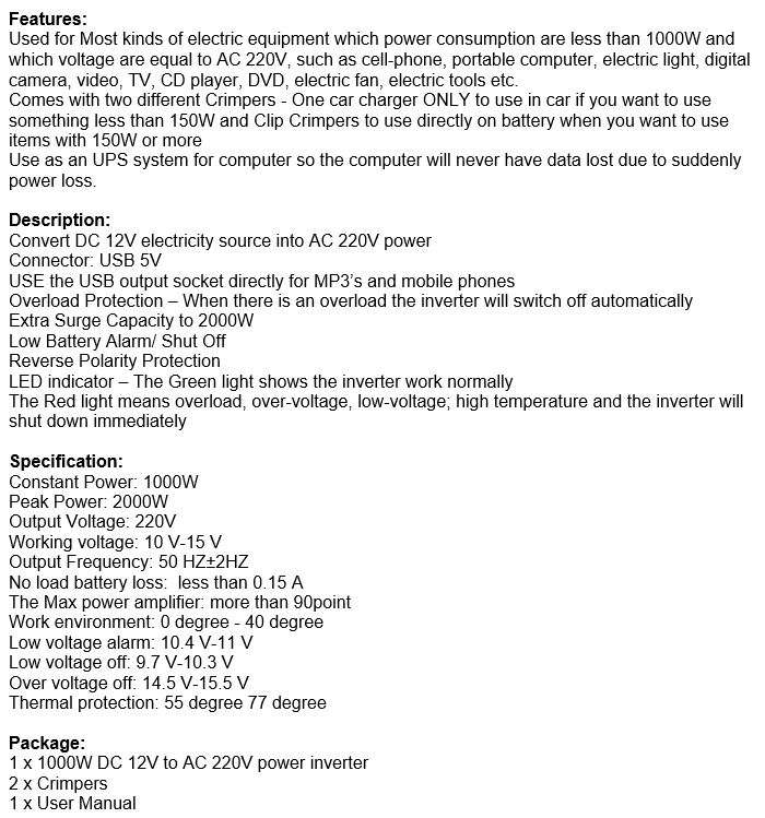 Solar Power Inverter - Convert 12V DC to 220V AC - 1000W Continious Power & 2000W Peak Power)