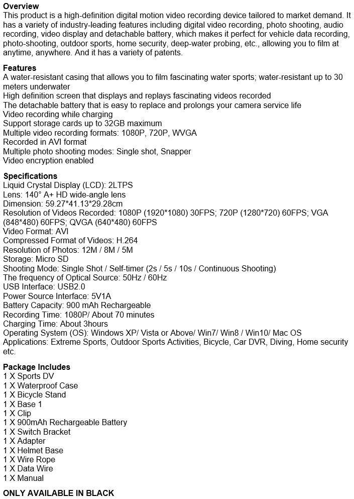 2" Full HD Action Sport Camera - Waterproof, LCD Screen, Photo, Video & Accessories