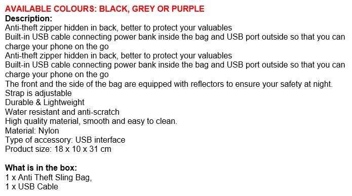 Anti-Theft Sling Backpack with USB Interface