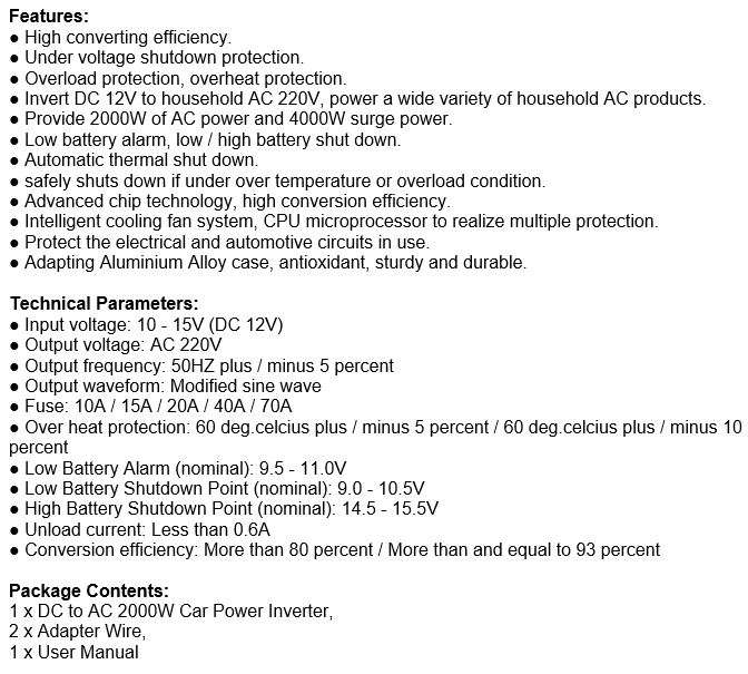 Solar Power Inverter - 2000W Constant Power & 4000W Surge Power, Convert 12V DC to 220V AC