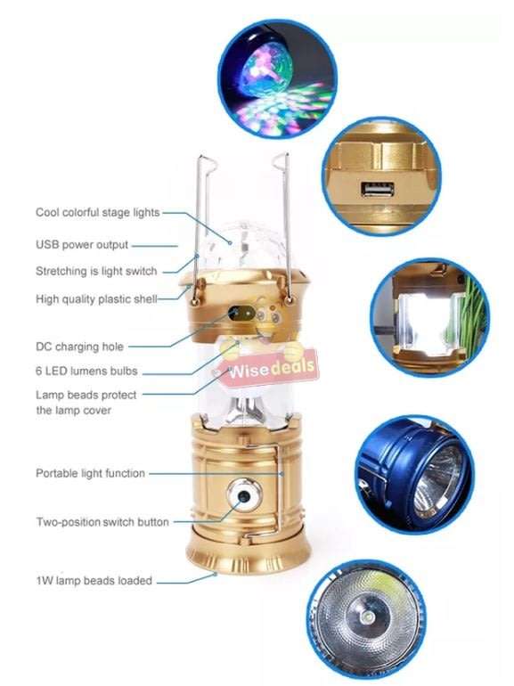 4-in-1 LED SOLAR Lantern, Flashlight, Stage Light & Power Bank with Build-in Rechargeable Battery