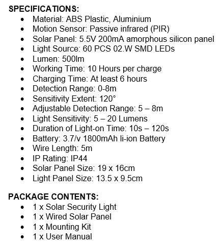 Super Bright 60 LED Solar Flood Light, 5M Wired Solar Panel & Mounting Kit