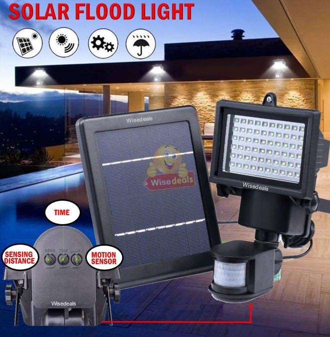 Super Bright 60 LED Solar Flood Light, 5M Wired Solar Panel & Mounting Kit