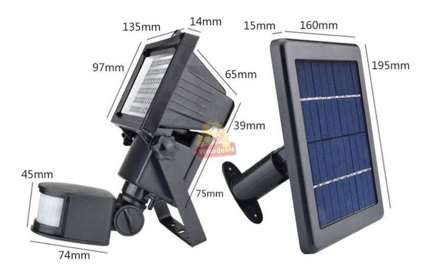Super Bright 60 LED Solar Flood Light, 5M Wired Solar Panel & Mounting Kit