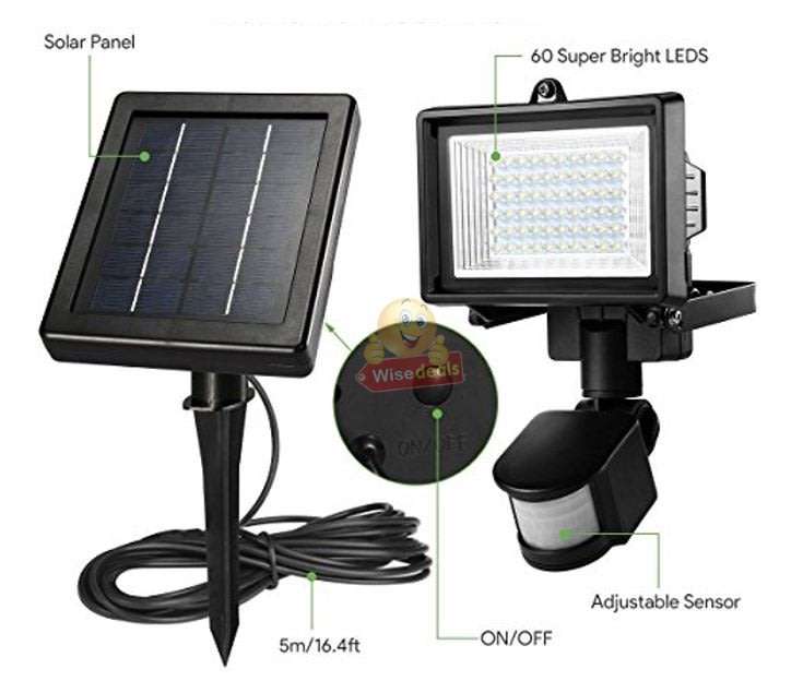 Super Bright 60 LED Solar Flood Light, 5M Wired Solar Panel & Mounting Kit