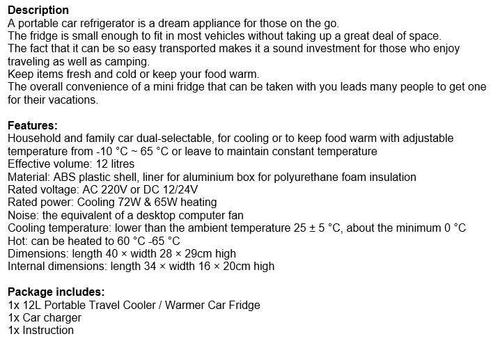12L Household & Car Dual Selectable Refrigerator & Warmer  AC 220V or DC 12/24V