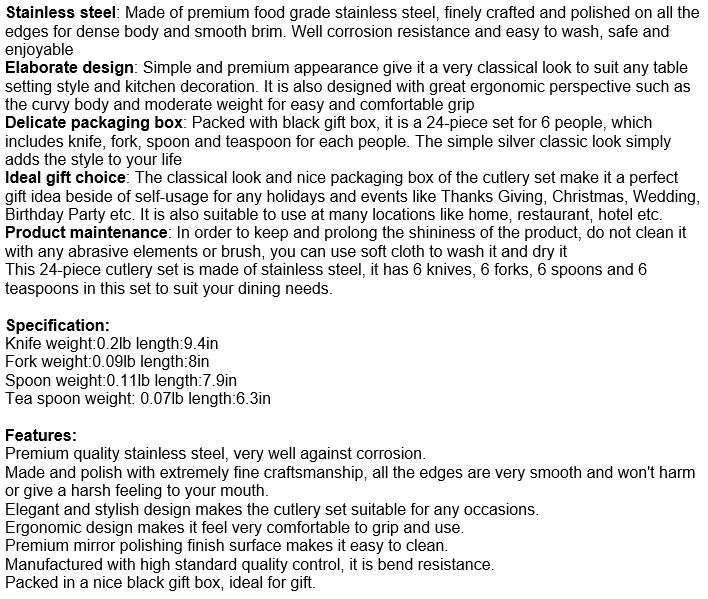 24 Pieces Set Modern Flatware Set Kitchen Silverware Stainless Steel Cutlery