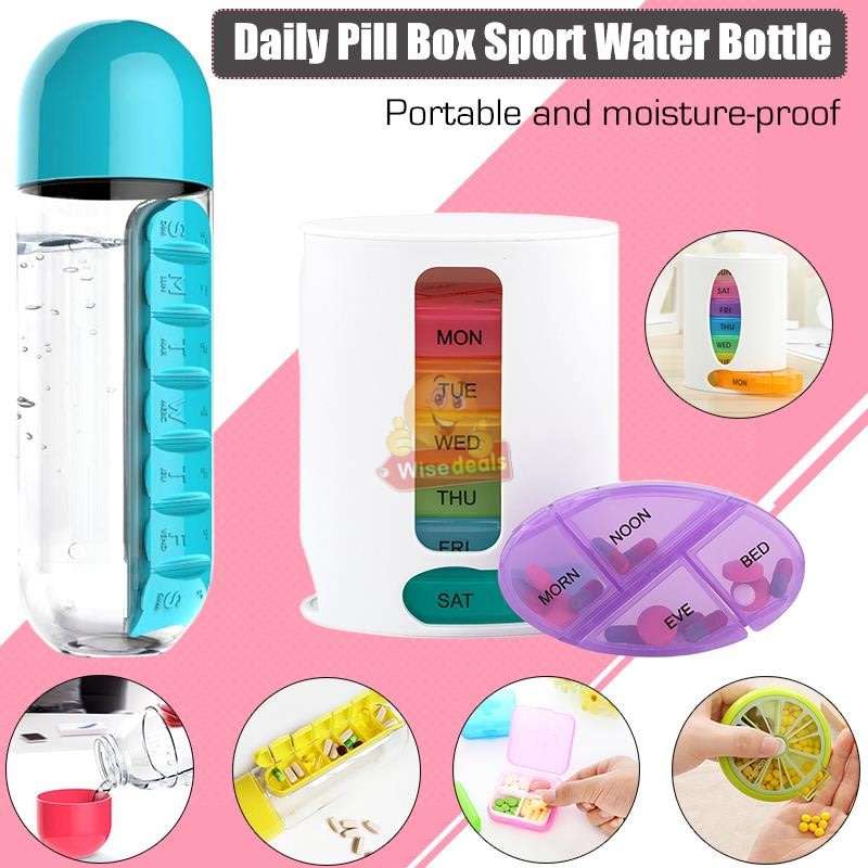 Water Bottle With Build-in Daily Pill Box Organizer  7 Compartments for each day of the week